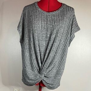 Pleione Twisted Front Grey Ribbed Tee Shirt Sz S